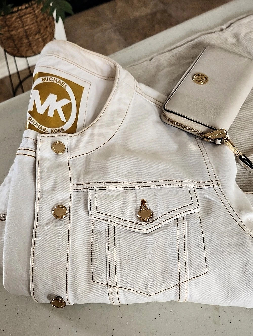 Michael Kors White Denim Jacket with Gold Buttons XL & wristlet wallet